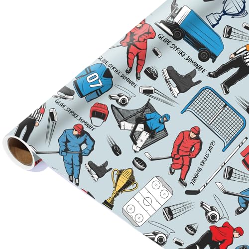 Ice Hockey Wrapping Paper Roll - 17Inch x16.4Feet - Ice Hockey Player Sport Theme Gift Wrap for Parties Birthday Team Celebration