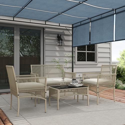 Outsunny Salon de Jardin extérieur 4 pièces canapé 2 Places + 2 fauteuils + 1 Table Basse Plateau Verre trempé Noir 3 Coussins d'assise - métal et résine...