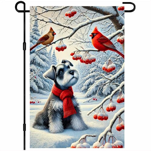 Image of BlissYard Winter Garden Flag Schnauzer Red Scarf Birds 12 x 18 Inch