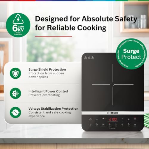 Image of Bosch TrueSafe Indi 2100W Ultra-Sleek Induction Cooktop | Feather Touch Control Panel | Superior 6KV Surge Protection | 8 Preset Menus & Timer | 3 Year Coil Warranty | Child Safety Lock | (PI815S11EI)