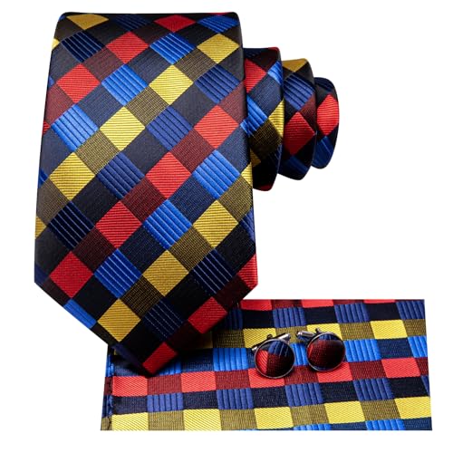 Image of Hi-Tie Mens Plaid Ties Classic Paisley Necktie with Handkerchief Cufflinks Set Business Stripe Tie