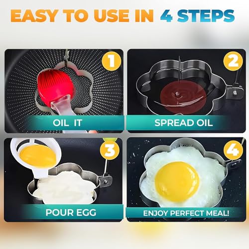 5 Pcs Pancake Molds for Griddle — Egg Shaper for Frying Pan, Stainless Steel Pancake Mold for Omelettes & Fried Eggs — Easy to Use & Clean, Various Shapes for Breakfast, Snacks & Creative Cooking