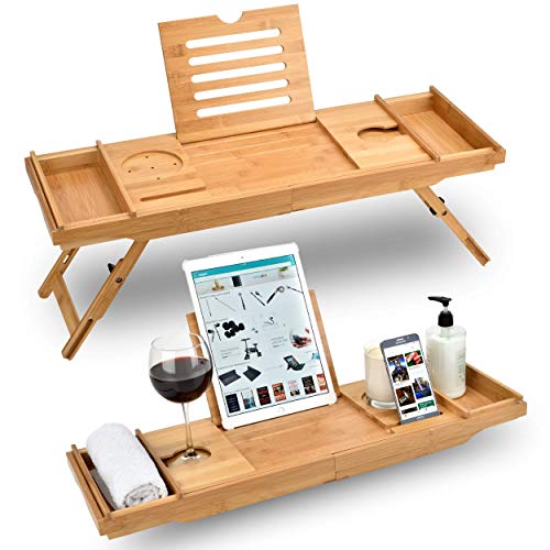 Sugarwood Home Multi-functional Bath & Bed Tray - Bamboo Bathtub Caddy with Wine & Book Holder, Laptop Stand, Foldable & Extendable