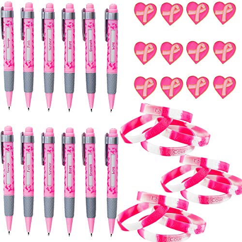 Pink Ribbon Breast Cancer Awareness Set - 12 Pink Camouflage Bracelets + 12 Pink Message Pens + 12 Pink Ribbon Pins