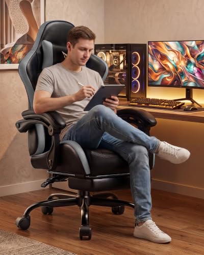 Image of LUCKRACER Gaming Chair, Comfy Computer Chair w /Footrest for Adults, Gray