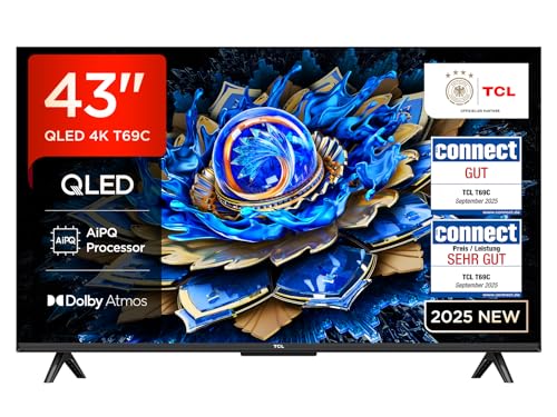 TCL 43T69C 43 Zoll QLED, Direct LED TV, 4K HDR TV, Smart Google TV (Dolby Vision & Atmos, Game Master, Motion Clarity, Kompatibel mit Google Assistant & Alexa)