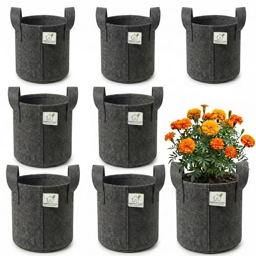 Image of 400 GSM Geo Fabric Round Grow Bags 8x8 Inch with Handle, Dark Grey Planting Bags for Terrace and Kitchen Gardening Pack of 8