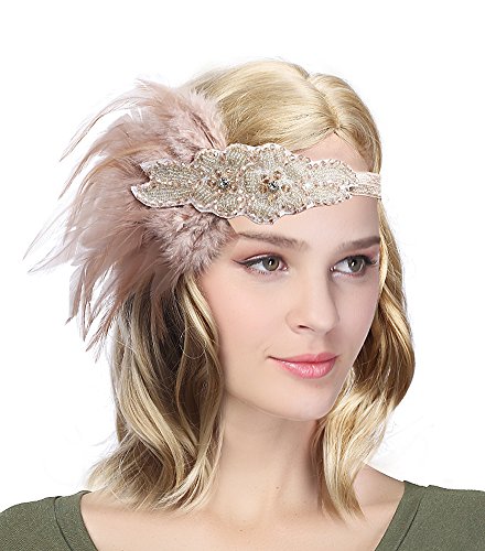 Women's Vintage 1920s Great Gatsby Flapper Headband Feather Wedding Party Headpiece (#2 Champagne)