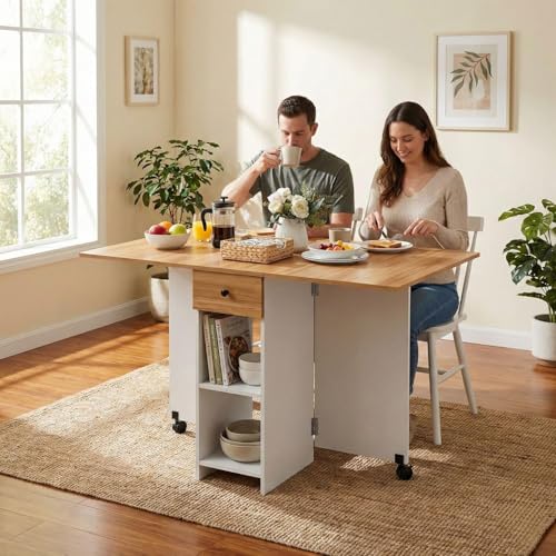 Image of FFO Folding Dining Table for Small Spaces | Compact Table with Drawer & Storage Shelves | Red Oak & White Finish | 120 x 72 x 75 cm | DIY.