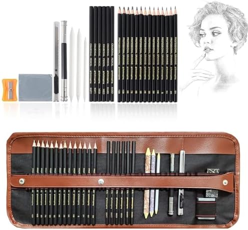 OPTROTECH 29 Pieces Professional Sketching & Drawing Art Tool Kit with Graphite Pencils, Charcoal Pencils, Paper Erasable Pen, Craft Knife (with Canvas Rolling Pouch)