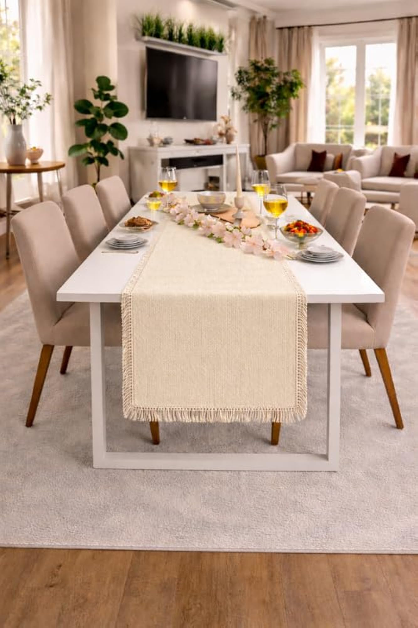 Neutral Table Runner with Tassels, 14x96 Inches