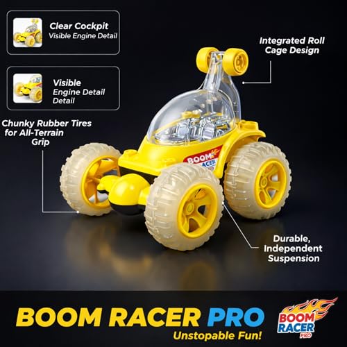Image of Stunt Car Toy for Kids with 360 Rotation & Flashing Lights | Off-Road Spinning Racing Vehicle with Big Rugged Wheels | Battery Operated Action Car Toy for Boys & Girls (Boom Racer Yellow)
