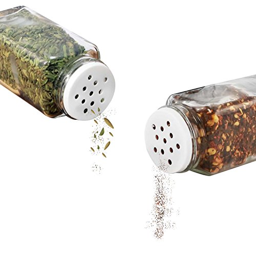 Nellam French Square Glass Spice Jars – Set of 12 with Shaker Lids and Chalkboard Sticker Labels, Small 4oz Bottles - Stackable Herbs and Spices Containers - Decorative Organizers in Gold