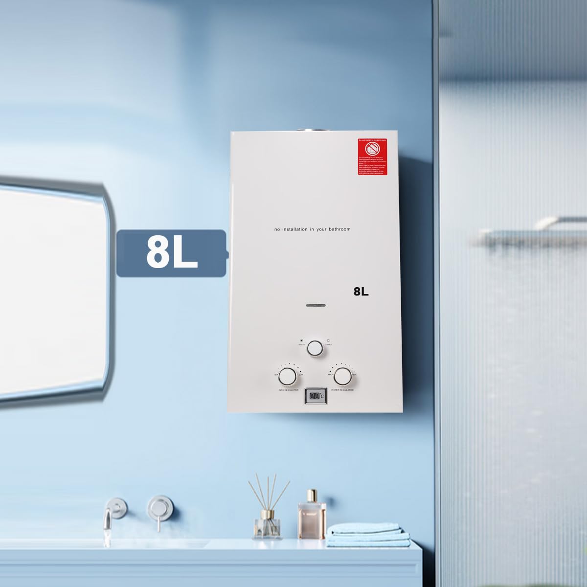 8L 16KW GPL Scaldabagno a Gas, Gas a Parete senza serbatoio Scaldabagno istantaneo,con kit doccia e Display a LED,con Modalità Inverno ed Estate,Per Casa, Camper ed Esterni,bianco