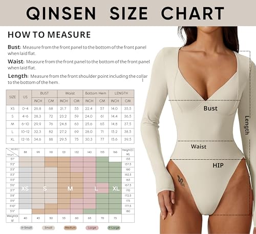 Image of QINSEN Women's Long Sleeve Bodysuit V Neck Body Suits Seamed Cup Going Out Tops Shirt
