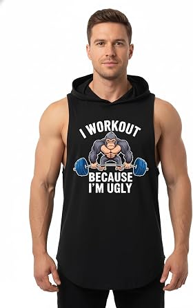 IRON PANDA Mens Workout Hooded Tank Tops Sleeveless Gym Hoodies Bodybuilding Muscle Shirts-I Workout Because Im Ugly