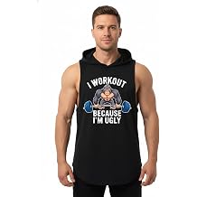 IRON PANDA Men's Workout Hooded Tank Tops Sleeveless Gym Hoodies Bodybuilding Muscle Shirts-I Workout Because I'm Ugly