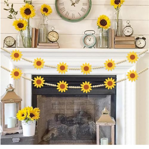 Farmhouse Decor Wood Beads with Felt Sunflower Garland, 55 Inch Wooden Beads for Boho Home Decor with Tassels, Rustic Country Decor for Table, Wall, Shelf, Tray (Flower)