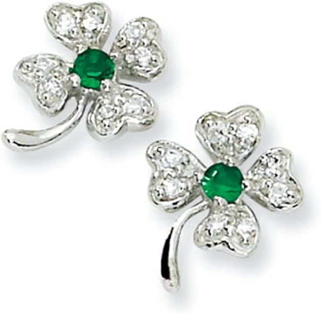 Cheryl M Sterling Silver Simulated Emerald/CZ 4-leaf Clover Post Earrings