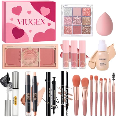 Viugex Kit Maquillaje Mujer, Set de Maquillaje Adolescentes, Estuche Regalo Maquillaje con Paleta Sombras de Ojos Fundación Barra de Contorno Colorete Brillo Labial Mascara Línea Ojos Lápiz de Cejas