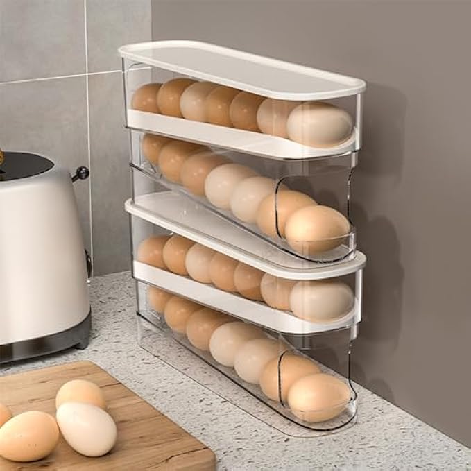 Auto Rolling Fridge Egg Organizer, Space Saving Eggs Dispenser for Refrigerator Storager with Lid,Egg Holder for Fridge 2 Pack