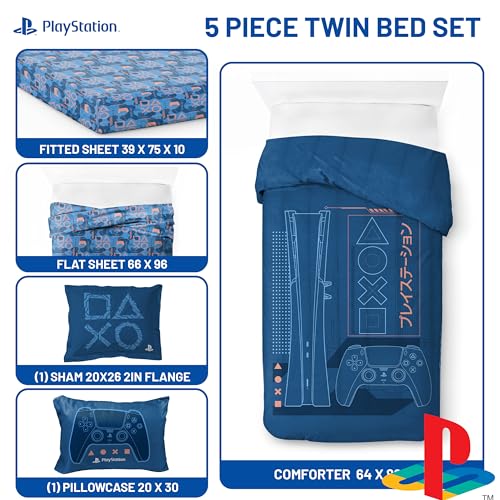 Image of Jay Franco Kids Bed Set, Blue, PlayStation, 5 Piece Twin | Cozy Soft Bedding for Stylish Room Decor with Comforter, Sheets & Pillow Covers