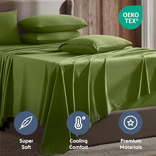 Image of Nestl Extra Deep Split King Sheet Set - 7 Piece Breathable & Cooling Sheets - Hotel Luxury Bedding Set w /18-24 Inch Deep Pockets - Easy & Secure Fit - Super Soft, Wrinkle Free & Comfy - Calla Green