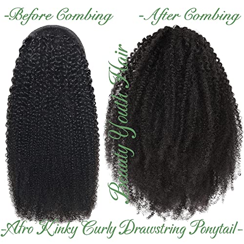 Beauty Youth Brazilian Remy Human Hair Ponytail Afro Kinky Curly Ponytails Hair Extensions Natural Color Ponytail Hairpieces Hair Afro Puff Drawstring Ponytail Extensions For Black Women #TOP2
