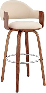 Armen Living Daxton Mid Century Modern Swivel Bar Stool for Kitchen Island Counter in Cream Faux Leather and Walnut Wood, 26 Seat Height