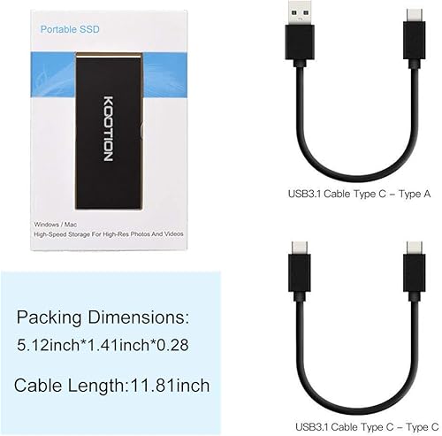 Miniatura 7 de KOOTION Disco duro SSD externo de 1 TB USB 3.1 Tipo-c Unidad de estado sólido portátil ultradelgada de 1 TB, lectura de hasta 500 MBs y escritura de