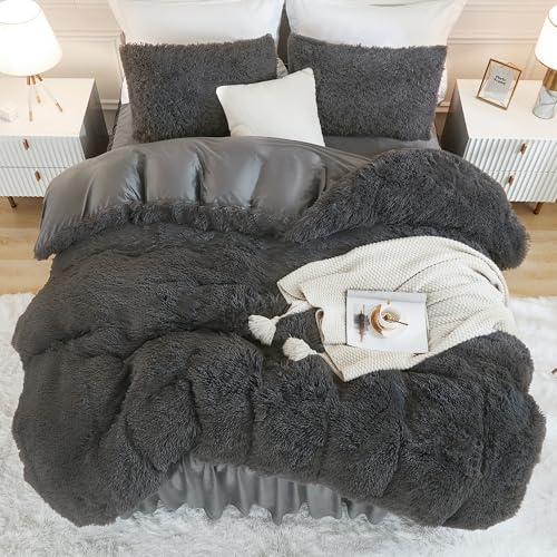 Andency Faux Fur Dark Grey Comforter Full Size, 3 Pieces Fluffy Fuzzy Plush Gray Bedding Comforter Set (1 Shaggy Velvet Comforter & 2 Pillowcases), Soft Puffy Comfy Bedding Set