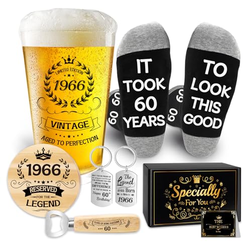 Epaing 1966 60th Birthday Gifts for Men Beer Glass Set 60th Birthday 500ml Beer Glass Gifts for Men Vintage Pint Glasses and Socks Gift in Box with Personalised Keyring Bottle Opener Coaster Card