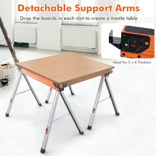 IRONMAX Saw Horses 2 Pack Folding, Heavy Duty Steel Work Horses w/ Flip-down Pegs & 2 x 4 Support Arms, 2200 LBS Capacity Portable Set of 2 Sawhorses w/ Fast Open Legs for Woodworking - Thumbnail 4