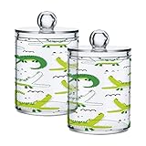 Cute Crocodiles Qtip Holder Dispenser Cartoon Funny Alligators Bathroom Canister Storage Organization 2 Pack Clear Plastic Apothecary Jars with Lids Vanity Makeup Organizer For Cotton Swab Ball Floss