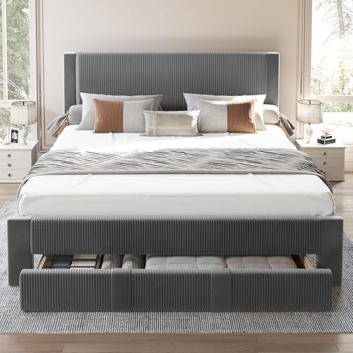Full Size Bed Frame with Storage, Wood Platform Bed Frame Full with Fully Velvet Upholstered Headboard, Strong Wooden 12-Slats Support, Under Bed Storage Drawer with Wheels,No Box Spring Nee