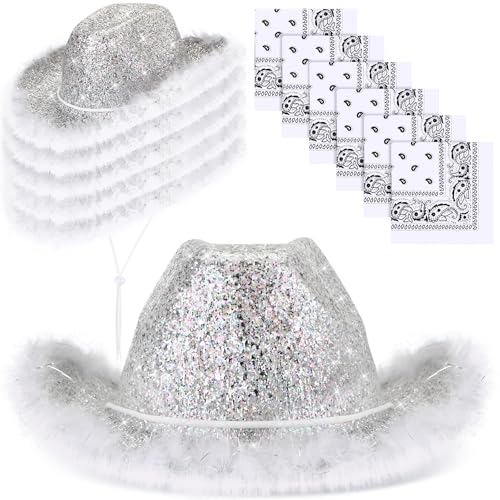 Image of Coume 12 Pcs Sparkly Adults Cowboy Hat and Bandanas Women Men Western Glitter Cowgirl Party Hats with Adjustable Drawstring