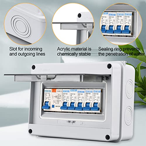 Bqweun Surface-Mounted Fuse Box, IP65 Waterproof, 63A, 5-Way Circuit Breaker 63A, Air Switch 2x6A + 1x10A + 1x20A + 1x32A, for Indoor and Outdoor Use (BY090a) - Image 3