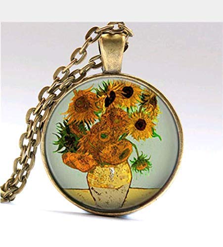 Preisvergleich Produktbild Van Gogh Sonnenblumen-Gemälde Anhänger Halskette Glasanhänger Sonnenblume Halsketten Choker Geschenke