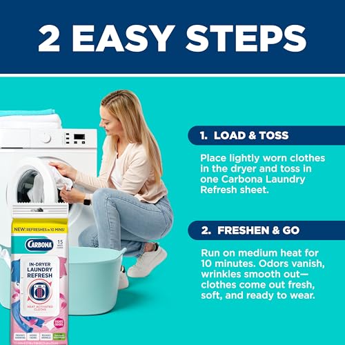 Carbona Laundry Refresh Dryer Sheets 15ct | Odor Eliminator, Wrinkle Releaser, Fabric Softener | Heat-Activated, Static Reducer, Prevents Shrinking & Fading | Quick Clothes Refresh - Image 5