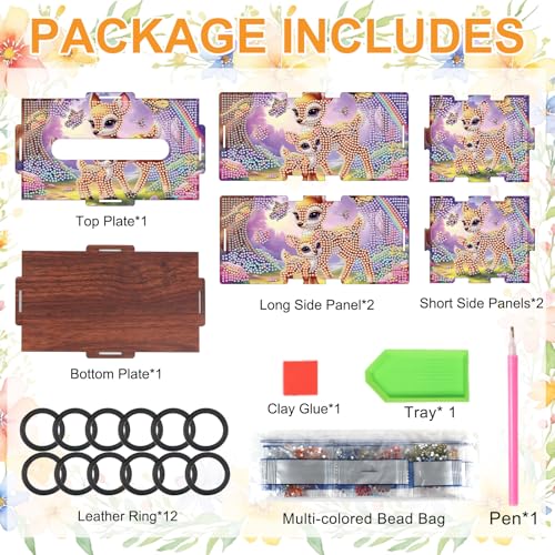 Image of DIY Diamond Painting Tissue Box - Wooden Rhinestone Art Kit with Deer Family Design, Nature Animal Themed Tissue Holder for Rustic Home or Office Desktop Decor