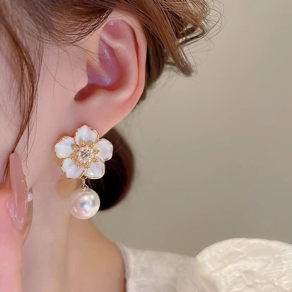 14K Gold Flower Pearl Drop Earrings for Women, Green Enamel Cluster Pearls Floral Dangle Earrings Trendy Round Pearl Flower Statement Ear Jewelry - Image 2