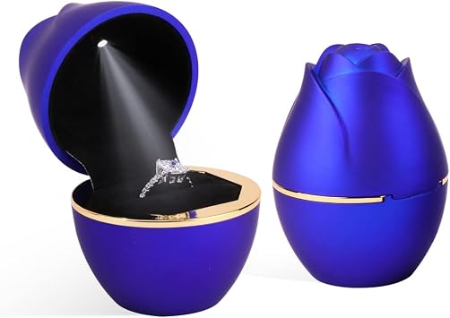 Rolin Roly Royal Blue Ring Box with LED Light Rose Jewelry Ring Case Jewellry Display Gift Boxes for Mothers Day Wedding Ring Box Ceremony Engagement Proposal Anniversary
