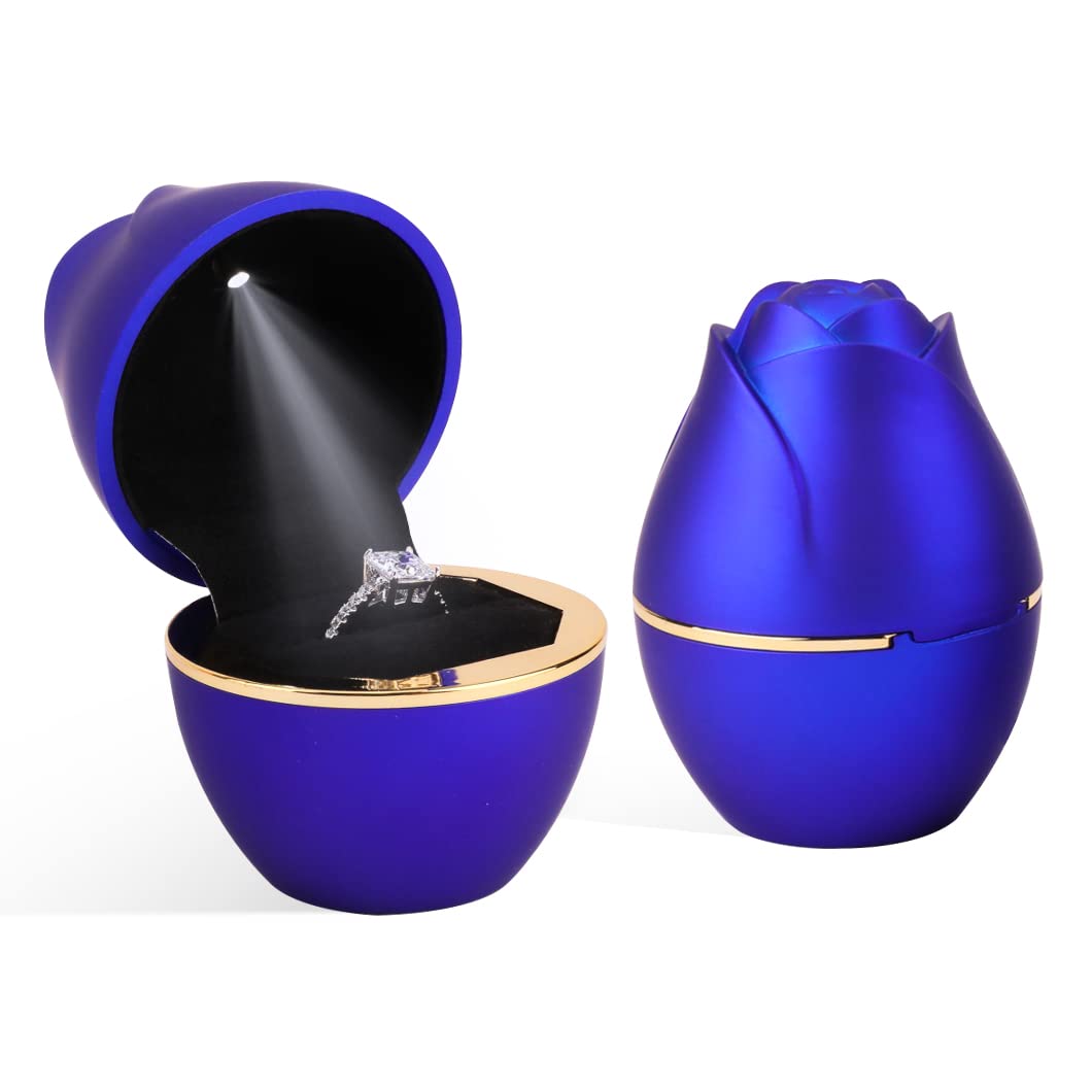 Rolin Roly Royal Blue Ring Box With Led Light Rose Jewelry Ring Case Jewellry Display Gift Boxes For Proposal Wedding Ring Box Ceremony Engagement Proposal Anniversary