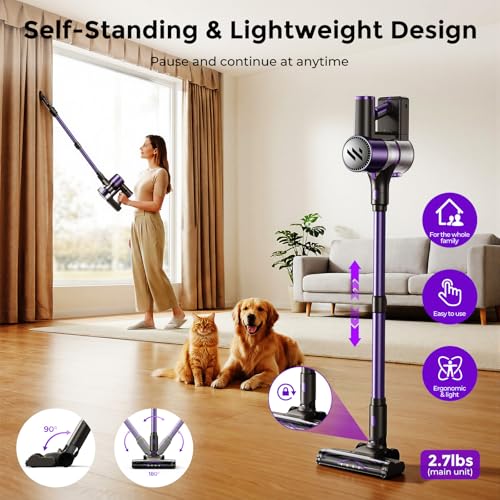 Image of Vacuum Cleaners for Home,Cordless Vacuum Cleaner,Lightweight Stick Vacuum Cordless Rechargeable,Self-Standing Design,LED Touch Screen,Vacuum for Hardwood Floors,Carpet,Pet Hair(Purple Black)