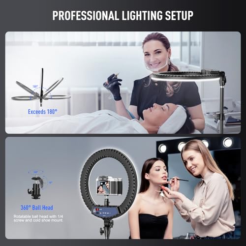 حلقة اضاءة احترافية مع حامل ثلاثي القوائم 18 انش، قابلة للتعديل 45 سم/3000-6500 كلفن باضاءة LED قابلة للتعتيم مع ميكروفون وحامل بطاقة صوت، للتصوير الفوتوغرافي لمصففي الشعر/الكاميرا الاحترافية/تيك توك/يوتيوب