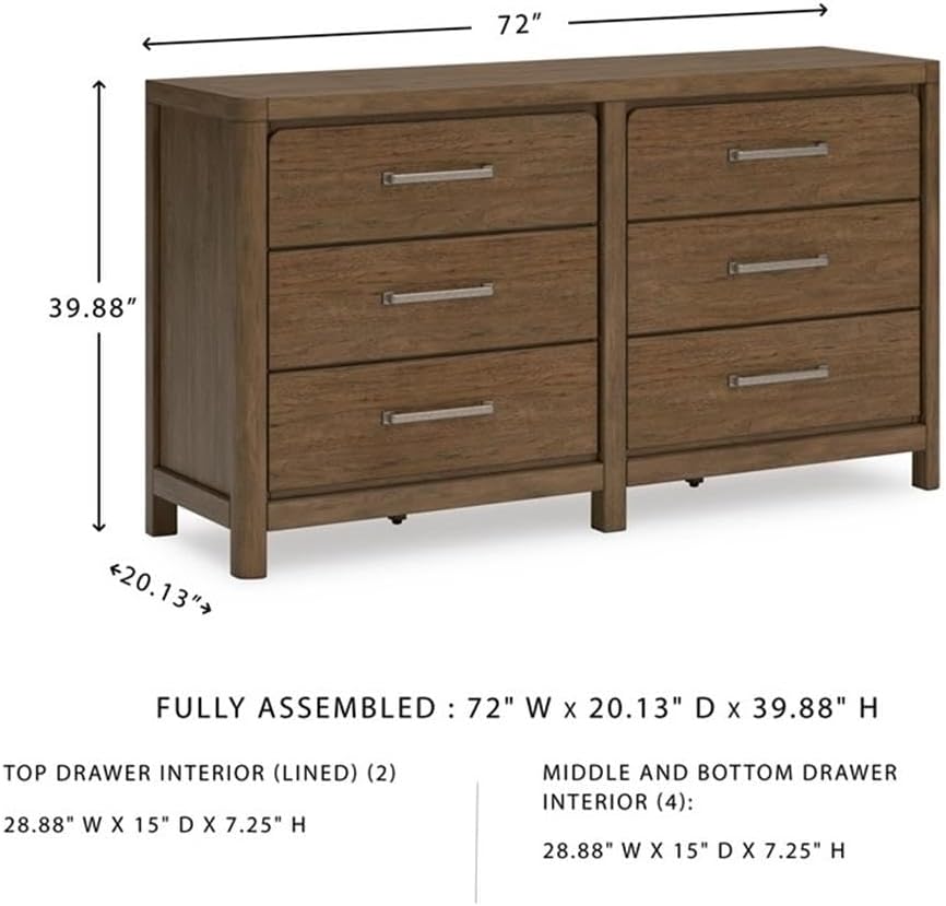 Pemberly Row Wooden Double Dresser, 72" W x 20.13" D x 39.88" H, Solid Wood and Engineered Wood Frame, Light Brown Glazed Finish, 6 Smooth-Gliding Drawers, Farmhouse Style Bedroom Storage