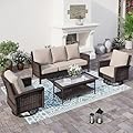 SUNSHINE VALLEY 4 Pieces Patio Furniture Set with Swivel Chairs, High Back Wicker Rattan Sofa with Extra Thick Cushion and Coffee Table, Outdoor Conversation Set for Garden Backyard Deck,Beige