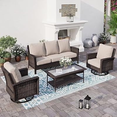 SUNSHINE VALLEY 4 Pieces Patio Furniture Set with Swivel Chairs, High Back Wicker Rattan Sofa with Extra Thick Cushion and Coffee Table, Outdoor Conversation Set for Garden Backyard Deck,Beige