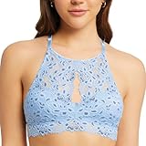 Miley Halter Lace Bralette for Women, Unpadded and Unlined Wireless High-Neck Bra, Perfect Adjustable Keyhole Lingerie (Large, Ice Water)