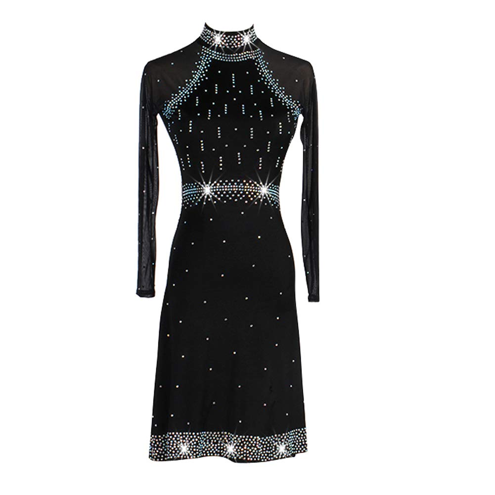 Women's Performance Tassel Crystals Rhinestones Latin Dance Dresses Adult Cha Cha Rumba Dance Clothing Black